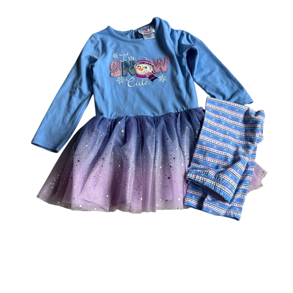 Blue and Purple Snow Cute Dress with Striped Leggings